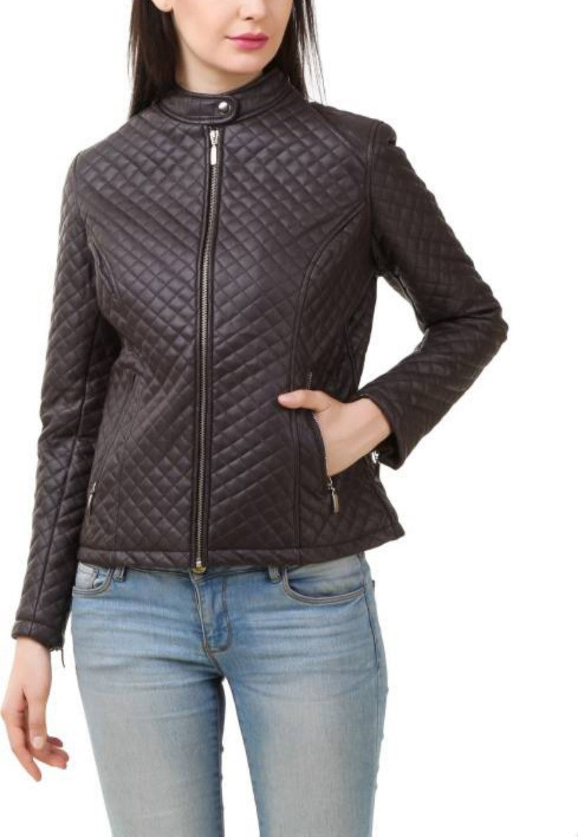 Koza Leathers Women's Real Lambskin Leather Bomber Jacket in black with satin lining and YKK zipper, featuring multiple pockets.
